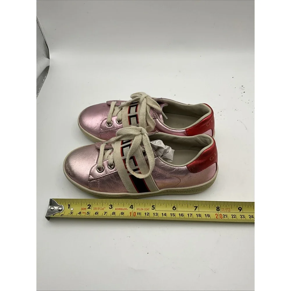 Gucci Ace Kids Pink Metallic Leather Sneakers Web Stripe EU 28 Italy
